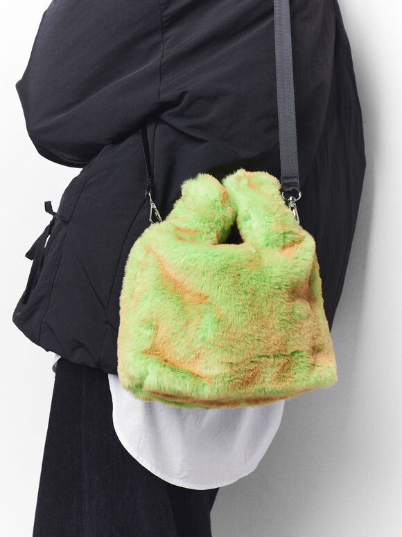 Faux Fur Handbag, Green, hi-res