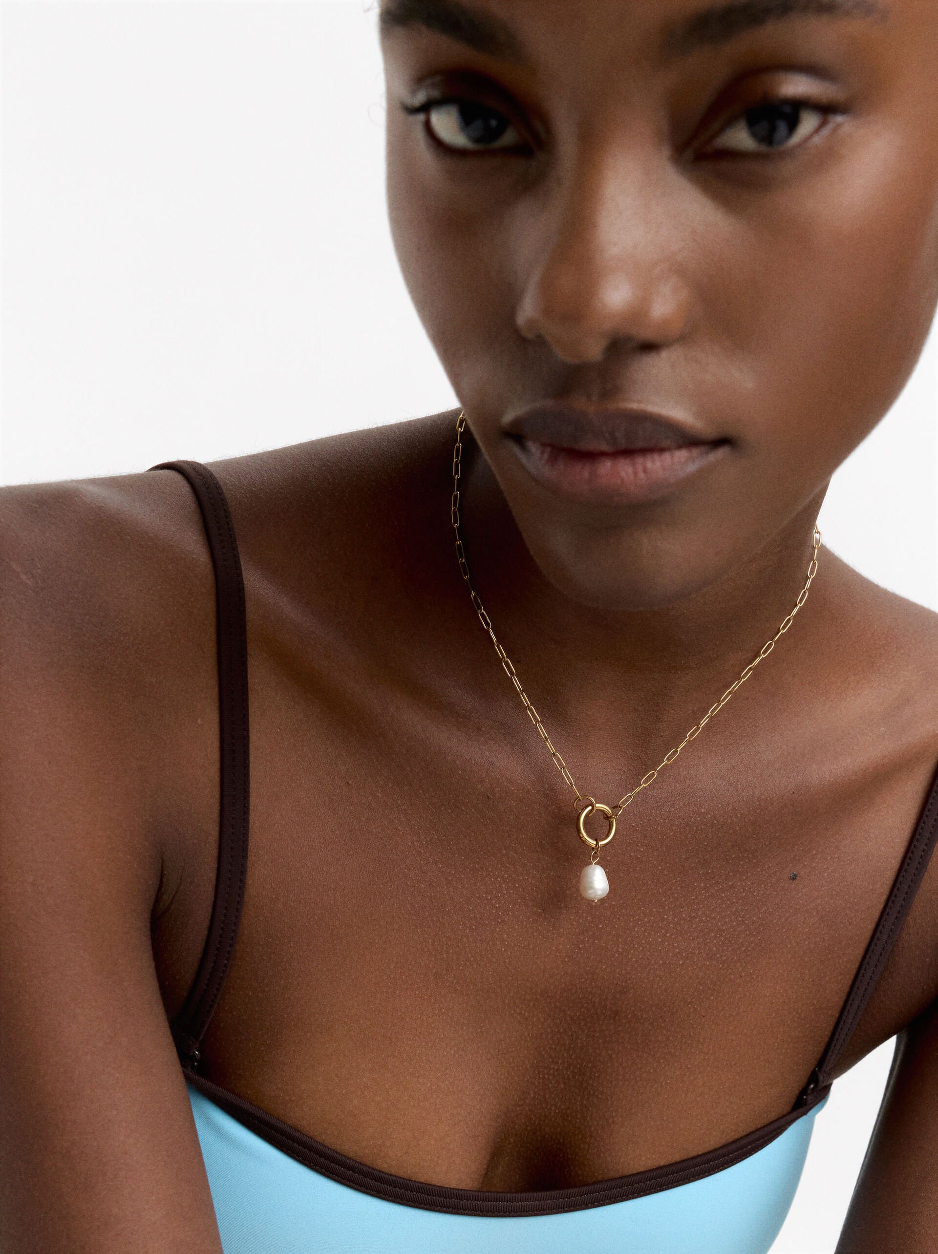 Collier à maillons avec perle d’eau douce - acier inoxydable image number 1.0