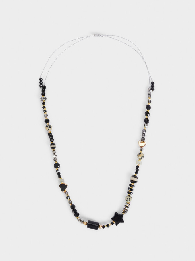 Short Necklace With Charms And Pearls, Black, hi-res