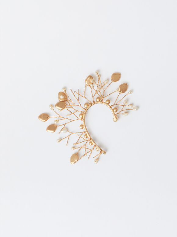 Golden Ear Cuff With Pearls, White, hi-res
