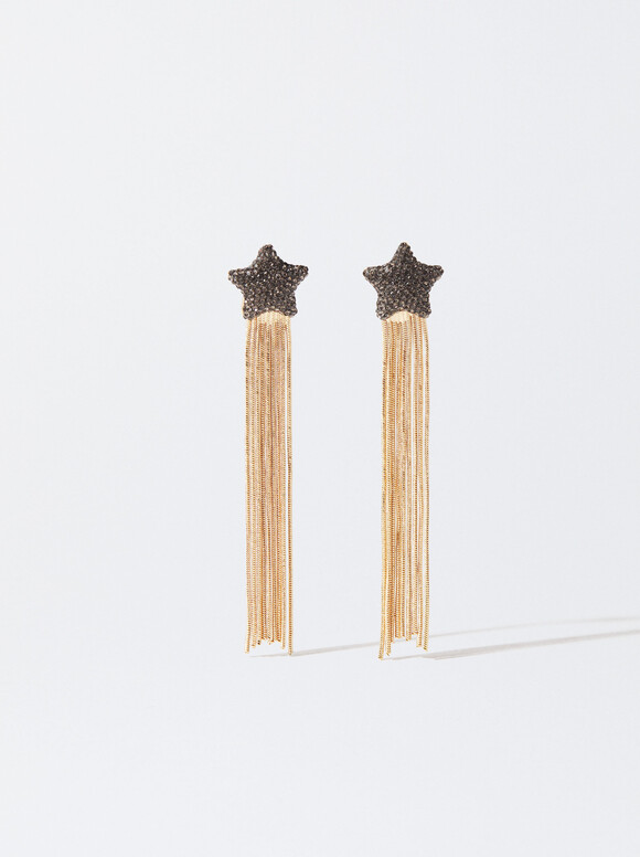 Long Golden Star Earrings, Black, hi-res
