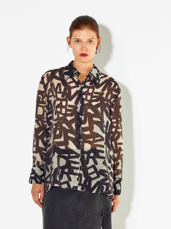 Lyocell Printed Shirt, Black, hi-res