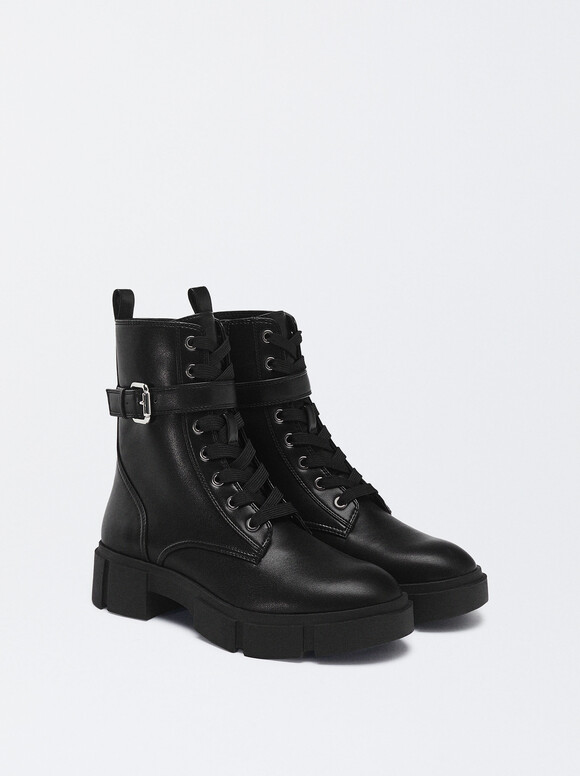 Online Exclusive - Lace-Up Ankle Boots With Buckle, Black, hi-res