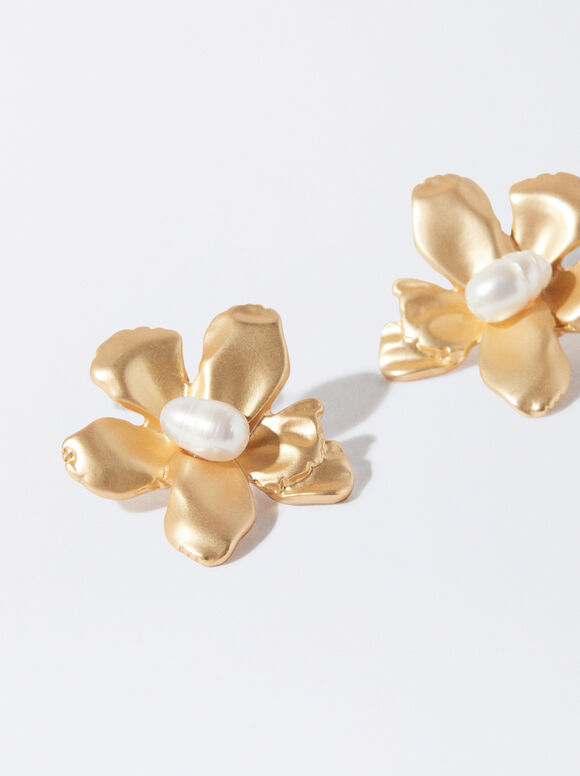 Flower Earrings With Pearls, White, hi-res