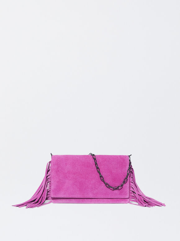 Leather Crossbody Bag With Fringes, Purple, hi-res