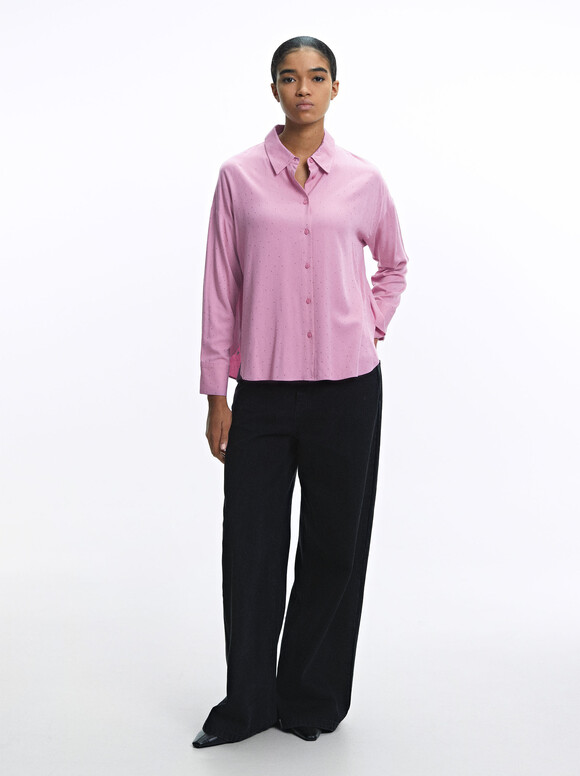 Long-Sleeve Shirt With Rhinestones, Pink, hi-res