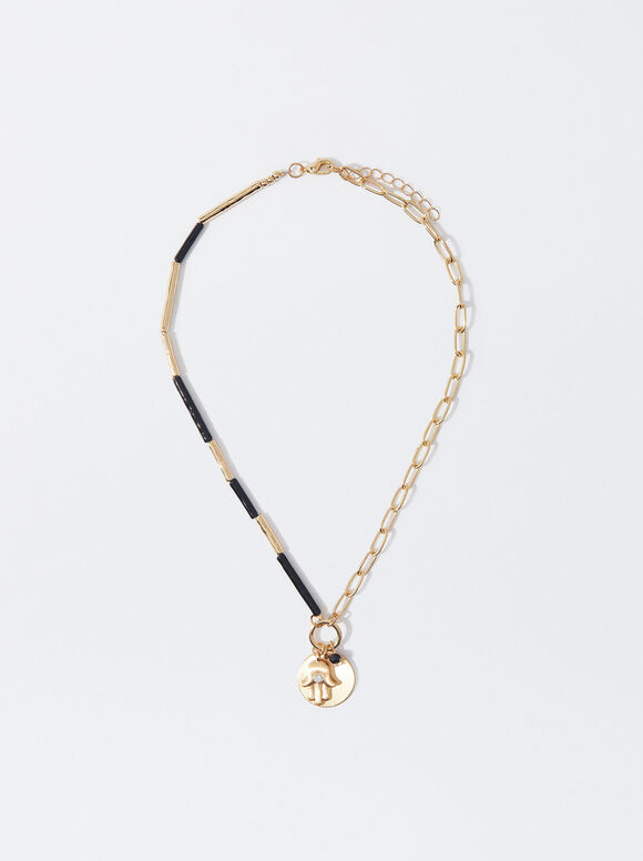 Golden Necklace With Pendant, Black, hi-res