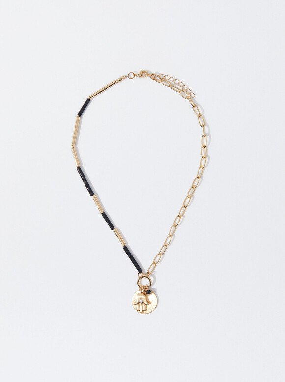 Golden Necklace With Pendant, Black, hi-res