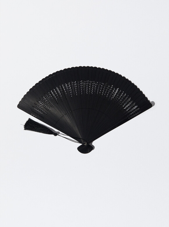 Bamboo Perforated Fan, Black, hi-res