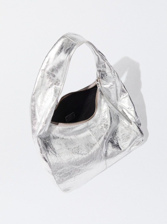 Metallic Leather Shoulder Bag., Silver, hi-res