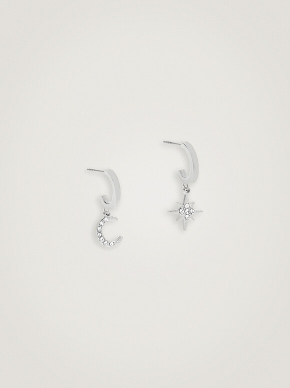 Stainless Steel Hoop Earrings With Moon And Star, Silver, hi-res
