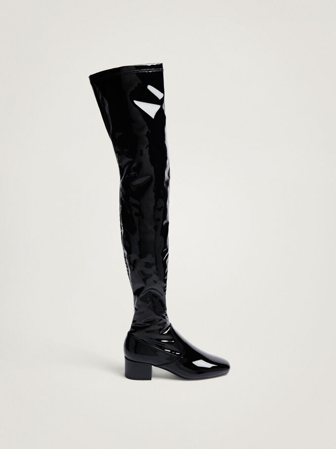 Knee-High Leg Vinyl Boots, Black, hi-res
