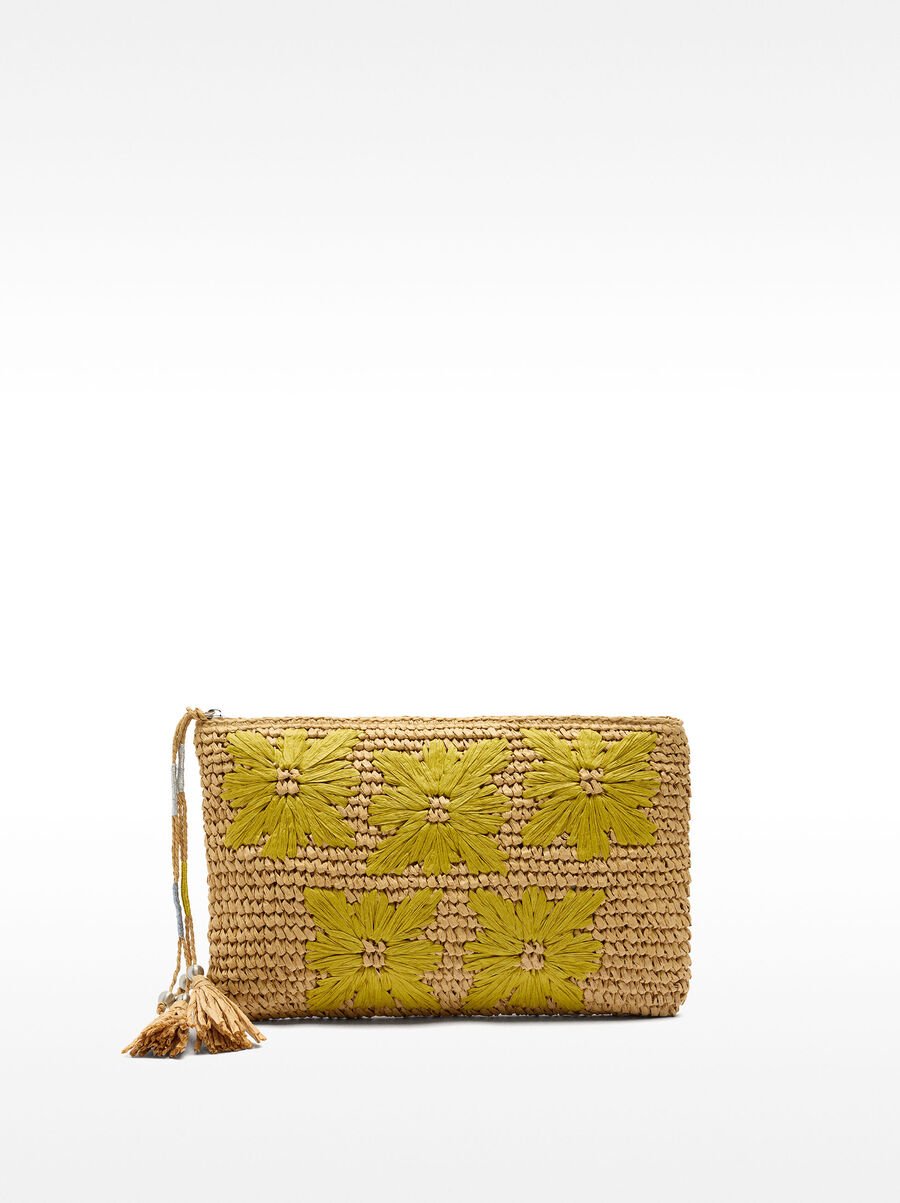 Straw-effect envelope bag with floral detail