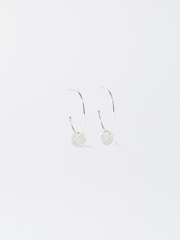 Silver-Plated Hoop Earrings With Medallions, Silver, hi-res