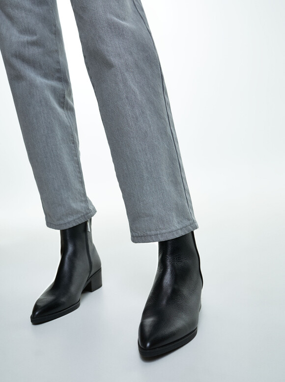 Leather Middle Ankle Boots, Black, hi-res