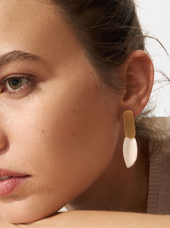 Gold Earrings With Enamel Details, Beige, hi-res