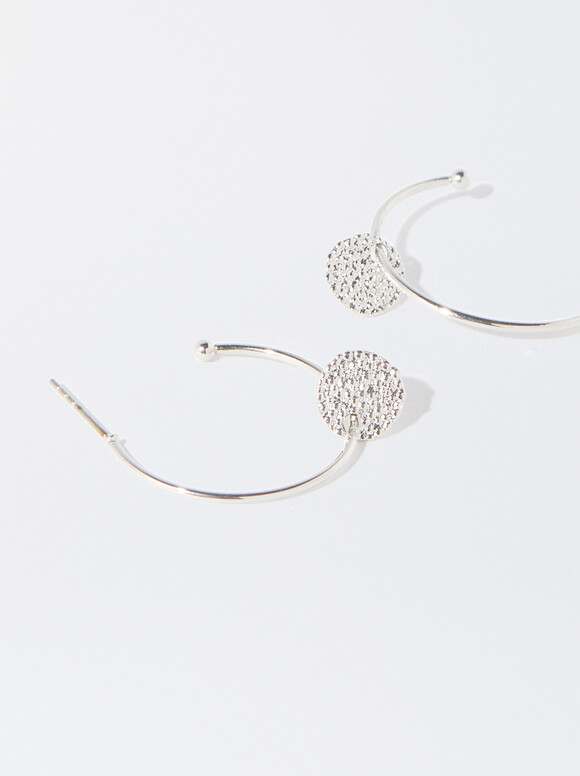 Silver-Plated Hoop Earrings With Medallions, Silver, hi-res