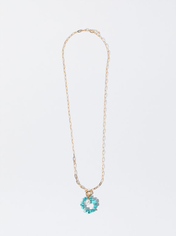 Necklace With Stone And Pearl, Blue, hi-res