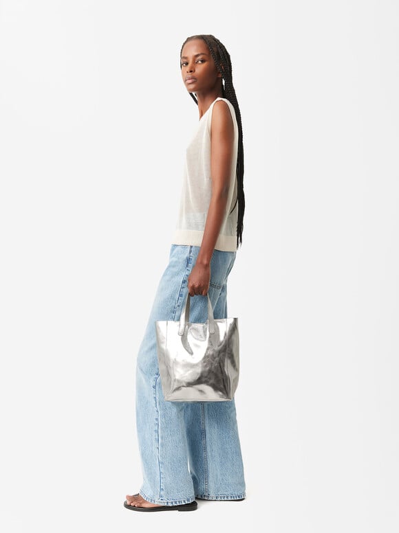 Metallic Leather Shopper Bag - Limited Edition, Silver, hi-res