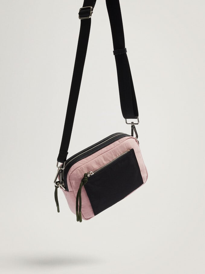 Nylon Crossbody Bag With Outer Pocket, Pink, hi-res