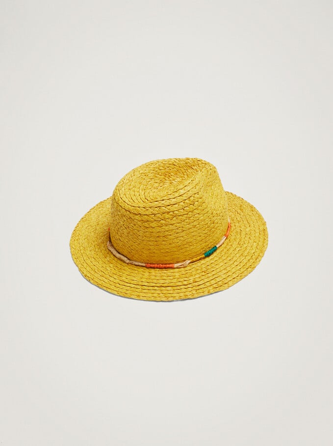 Straw Hat With Drawstring, Yellow, hi-res