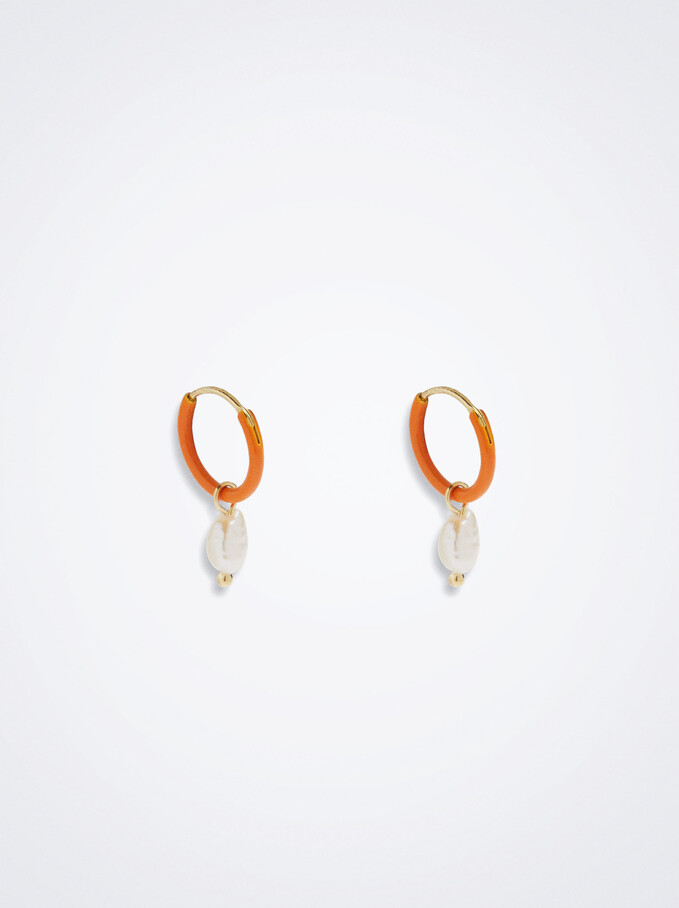 925 Silver Hoop Earrings With Freshwater Pearl, Orange, hi-res