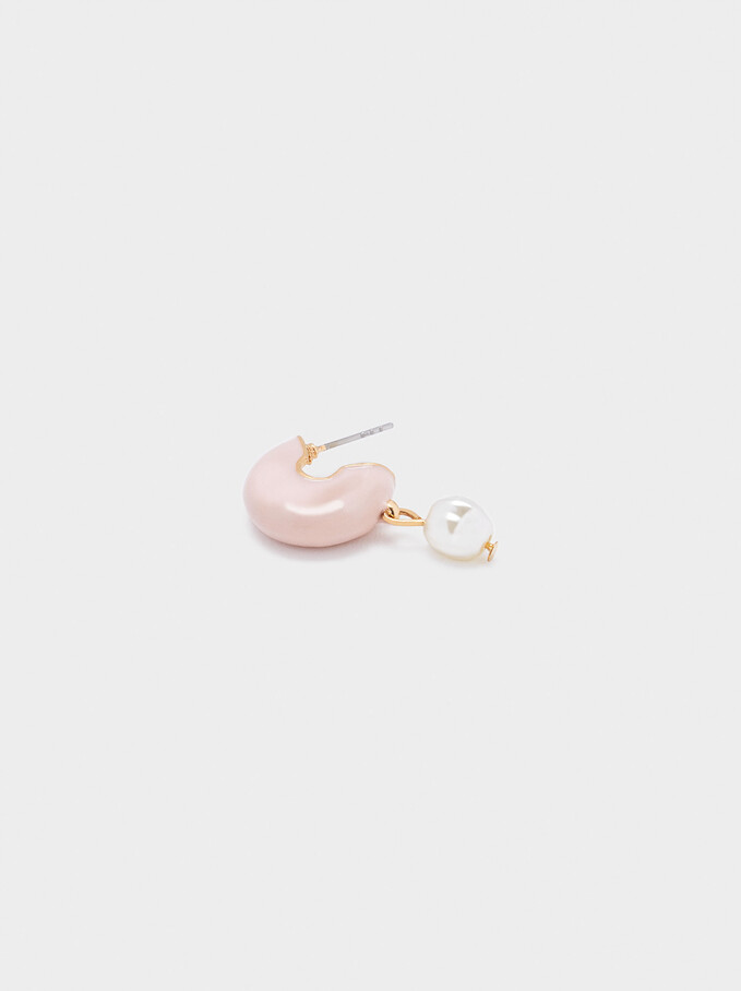 Short Enamel Hoop Earrings With Pearls, Pink, hi-res
