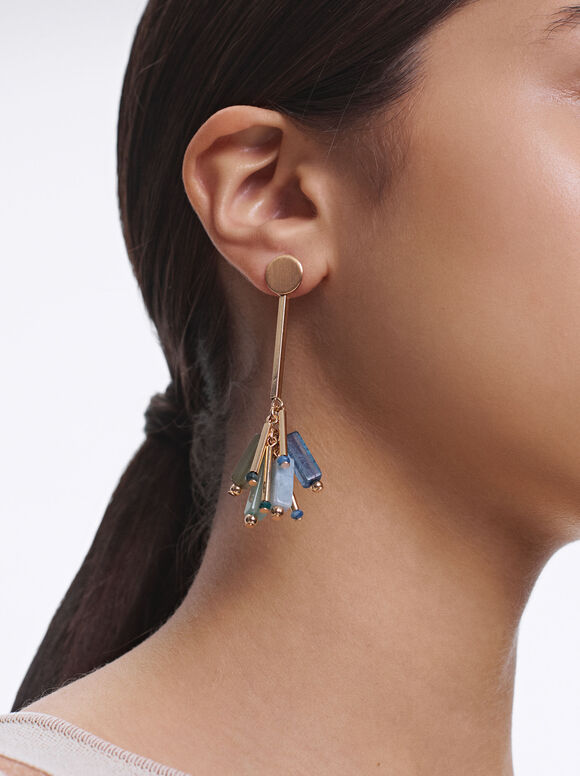 Gold-Toned Earrings With Stone, Multicolor, hi-res