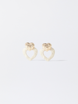 Enamel Heart Earrings, Beige, hi-res