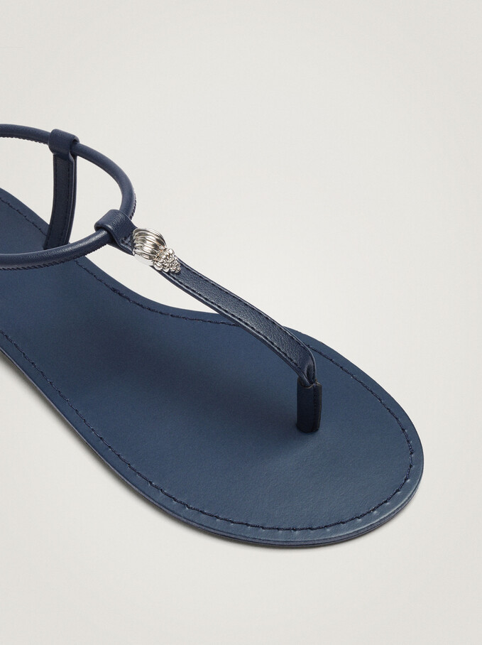 Flat Sandals With Metallic Detail, Navy, hi-res