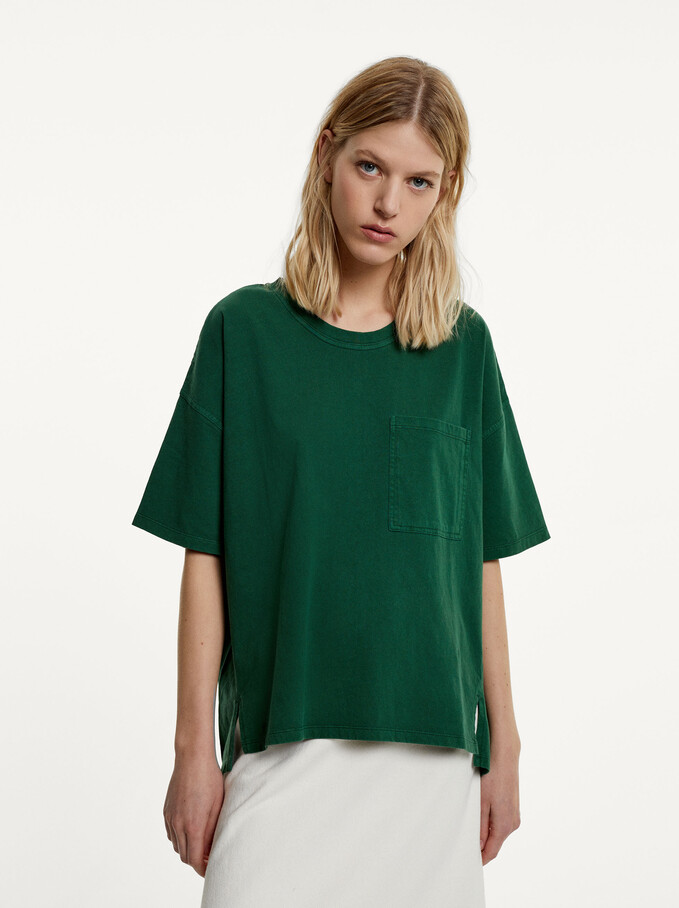 T-Shirt En Coton Avec Poche, Vert, hi-res