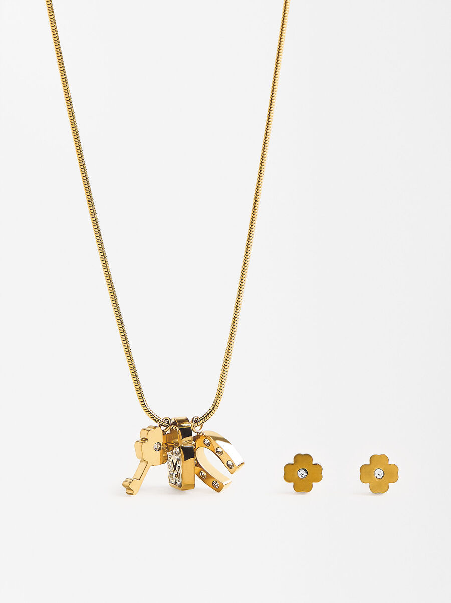 Set  collar y pendientes con charms de cristales - acero inoxidable
