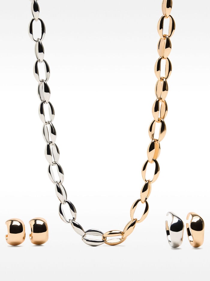 Set de collar + pendientes + anillos bicolor