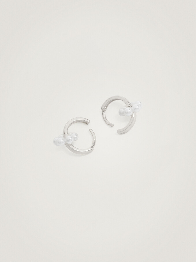 925 Silver Hoop Earrings With Pearls, White, hi-res