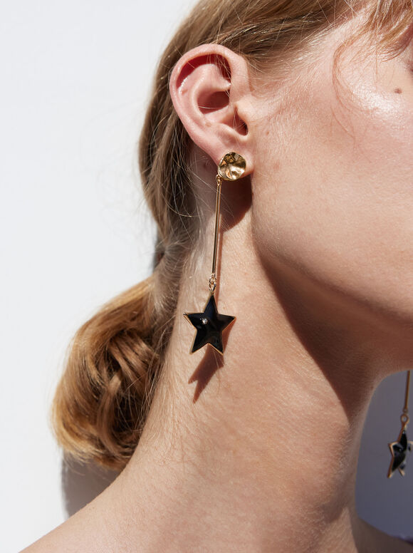 Golden Earrings With Star, Black, hi-res