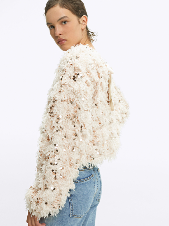 Feather Effect Sweater With Sequins, Beige, hi-res