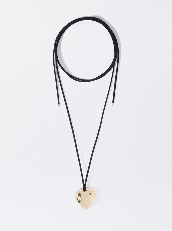 Cord Necklace With Heart, Black, hi-res