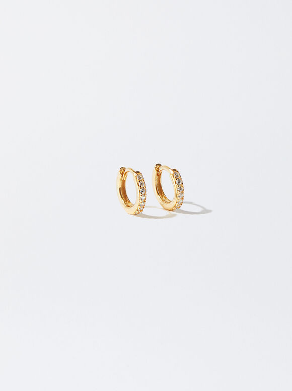 925 Silver Personalised Hoop Earrings With Zirconias, Golden, hi-res