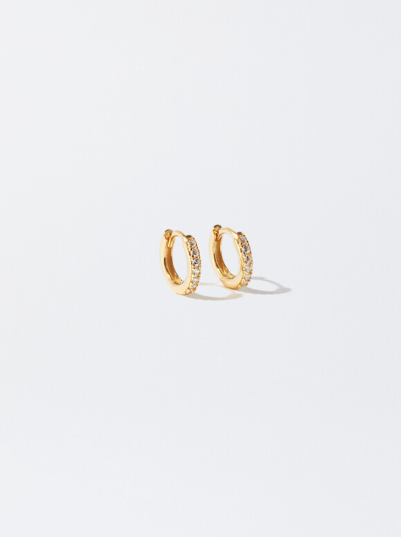 925 Silver Personalised Hoop Earrings With Zirconias, Golden, hi-res