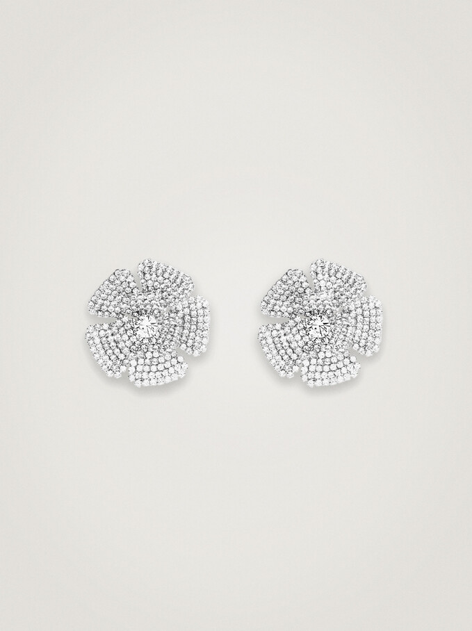 Flower Earrings With Crystals, Silver, hi-res