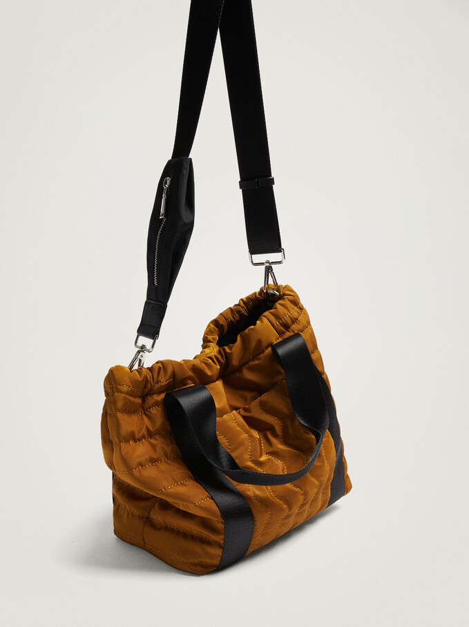 Nylon Tote Bag With Gathered Closure, Camel, hi-res