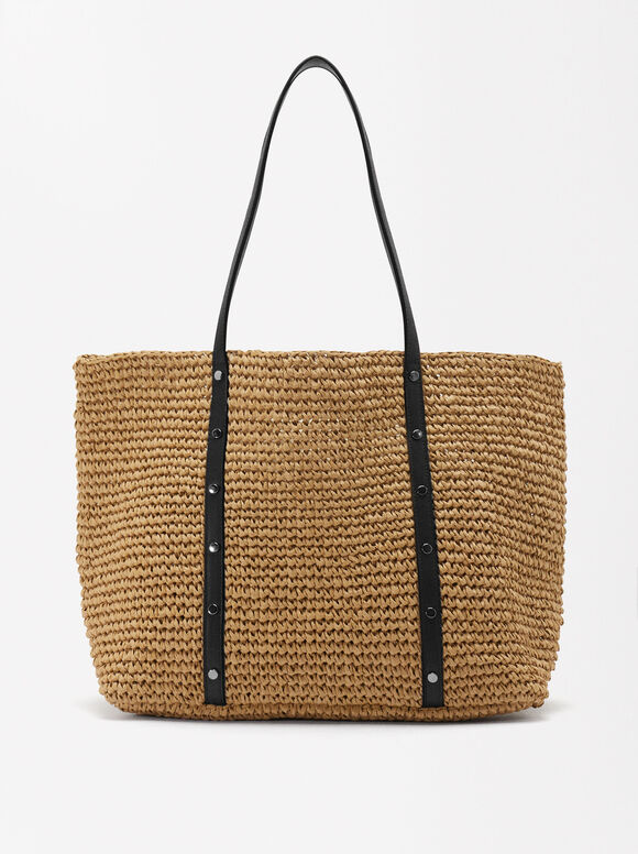 Straw Effect Shopper Bag, Black, hi-res