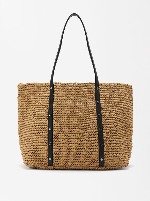 Straw Effect Shopper Bag, Black, hi-res