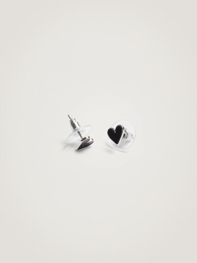 Short Earrings With Hearts , Silver, hi-res