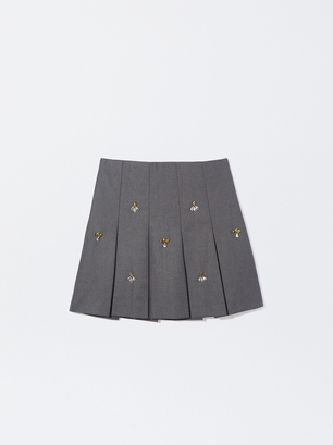 Pleated Mini Skirt With Applications, Grey, hi-res