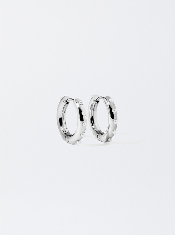 Steel Hoops Earrings With Pearls, Silver, hi-res