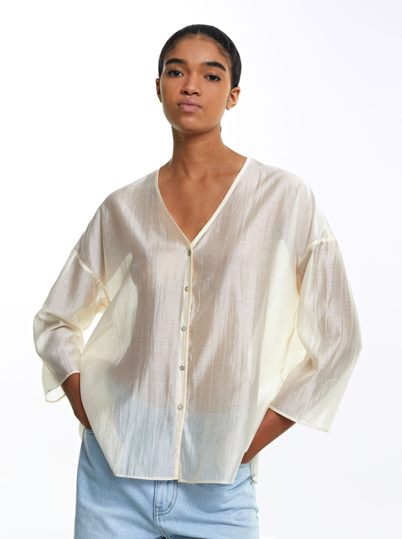 Lyocell Shirt With Buttons, Ecru, hi-res