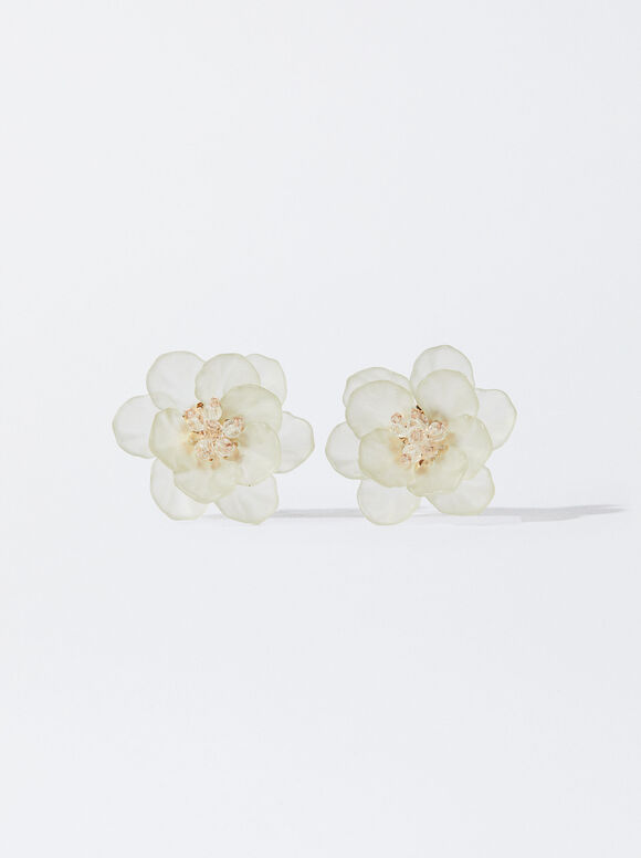 Boucles D'Oreilles Fleur Avec Résine, Blanc, hi-res
