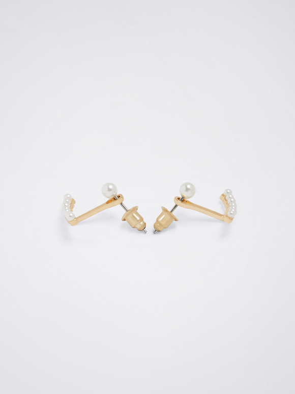 Short Faux Pearl Earrings, Beige, hi-res