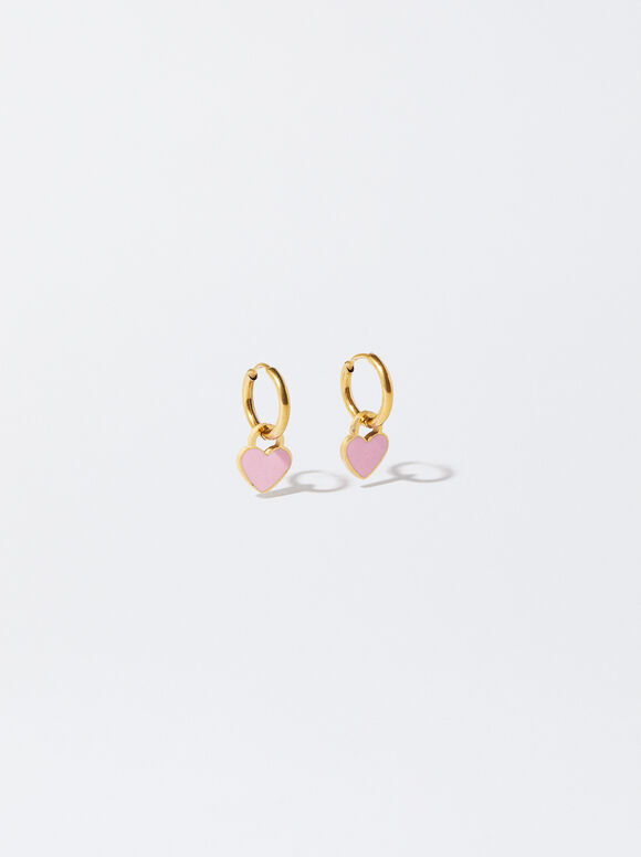 Online Exclusive - Personalized Heart Stainless Steel Hoop Earrings, Pink, hi-res